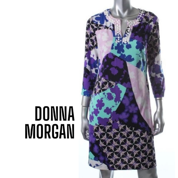 Donna Morgan NEW Patterned Emellished Bead Navy Blue Long Sleeved Dress, 6 - Picture 1 of 2
